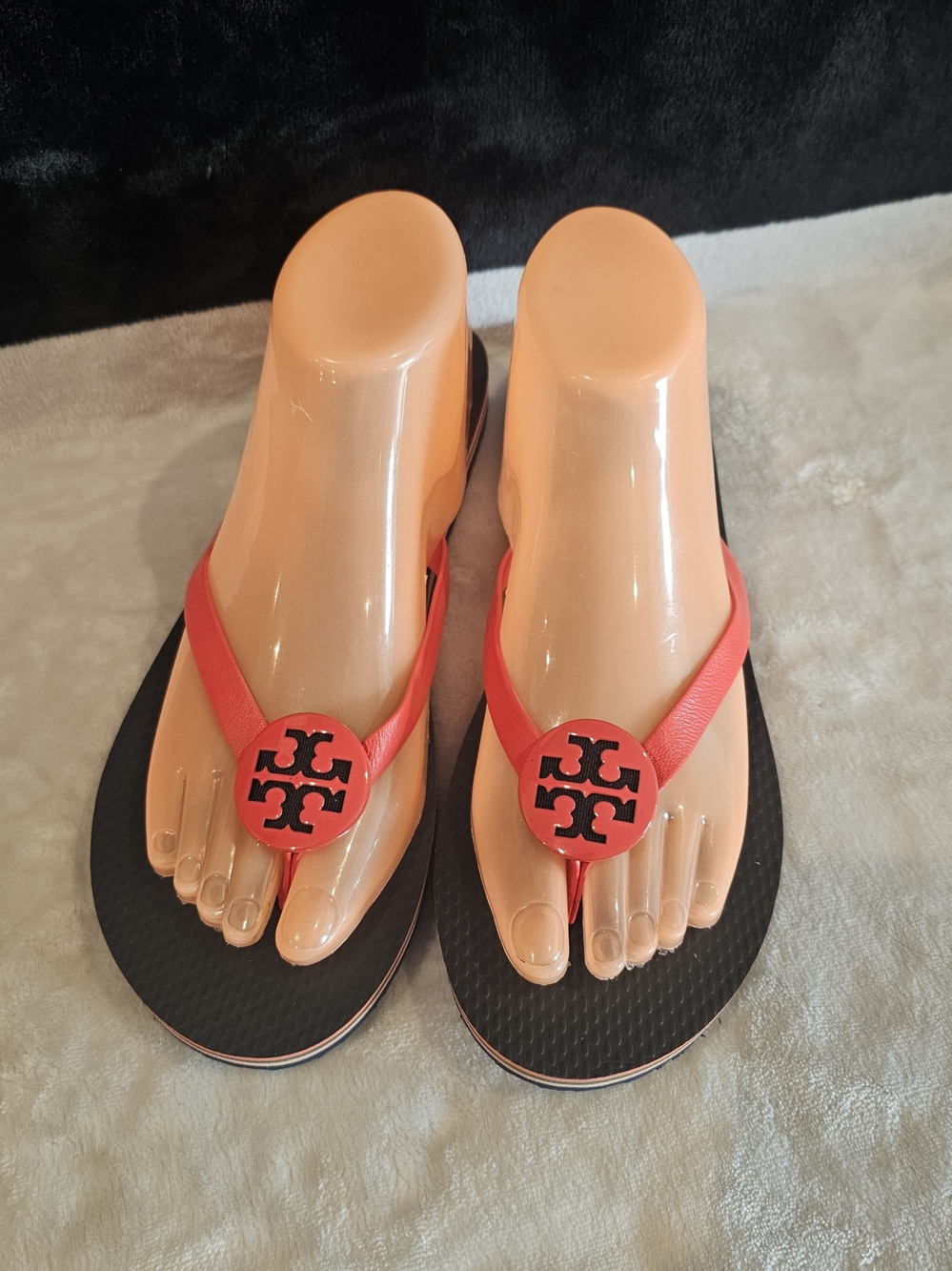 Tory Burch Red-Black Logo Thong Sandals-Leather Strap Flip Flop- Size 9